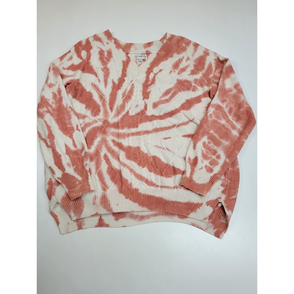 Wonderly Women's Large Pink‎ White Tie Dye Cable Knit Sweater Cotton Rayon Boho